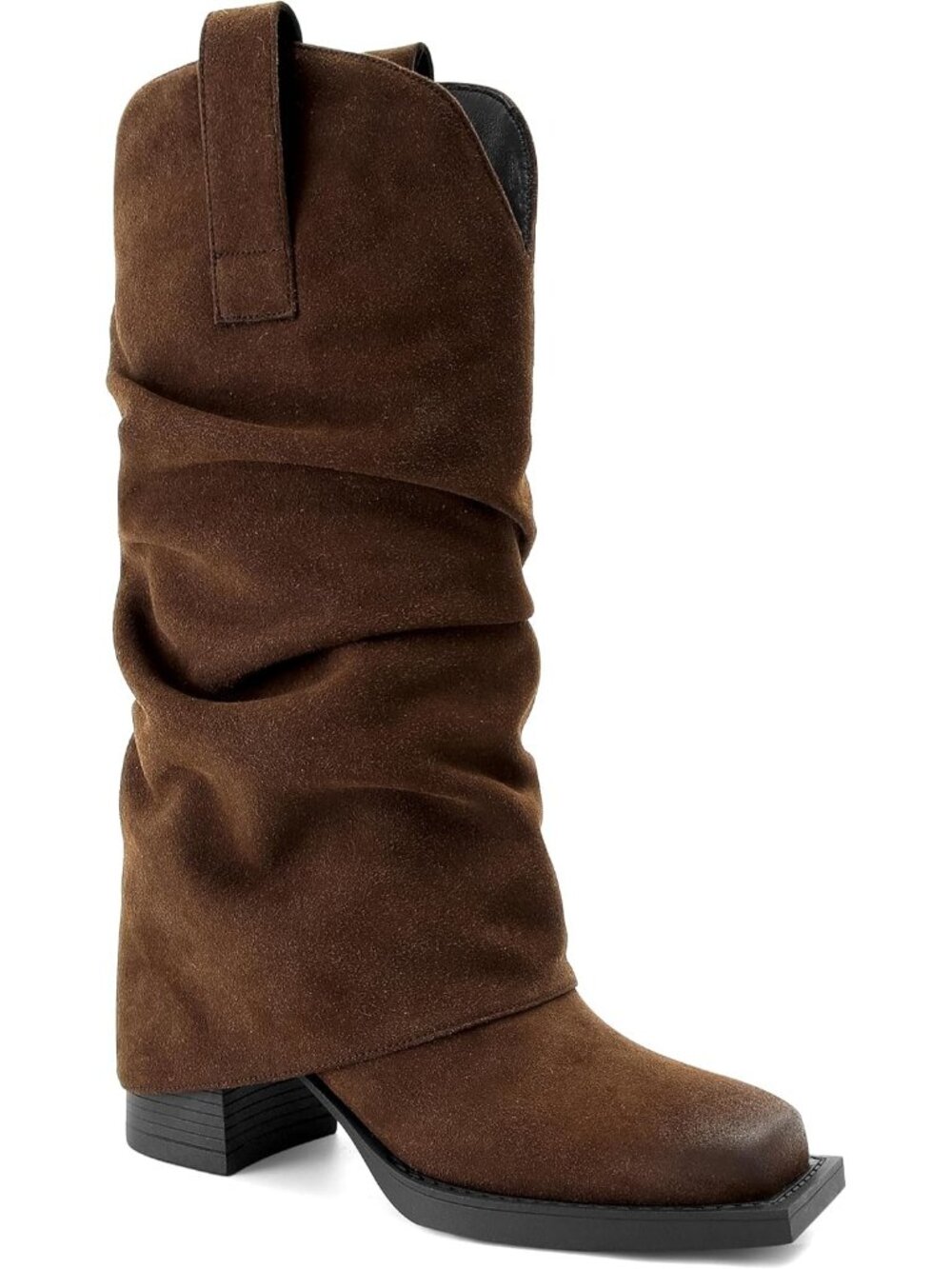 Women's Chocolate Suede Fold Over Square Toe Chunky Block Heel Mid Calf Boots
